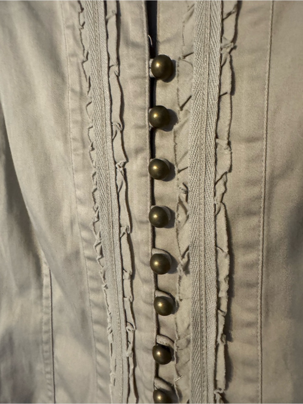 Chico's Taupe Ruffle-Trim Button-Front Utility Jacket - Picture 3 of 7
